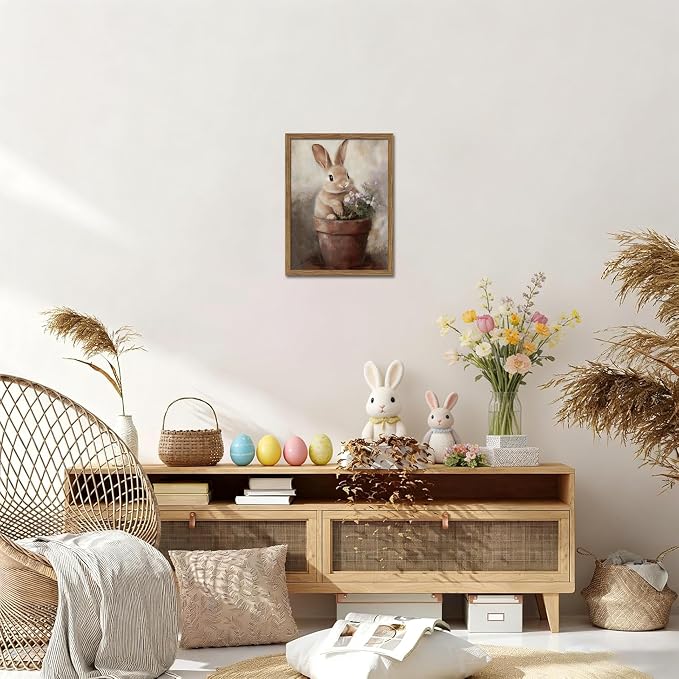Framed Vintage Easter Wall Art, Cute Rabbit in Flower Pot Picture Prints, Cottage Farmhouse Bunny Canvas Artwork, Holiday Wall Decor for Kids Room Girls Bedroom Living Room 12x16 inch