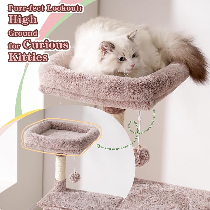 Heybly Cat Tree with Toy, 49.2 inch Cat Tower for Indoor Cats HCT200SMU | Spacious Cat House Condo with Hidden Space，Soft Plush Top Perch，Cozy Hammock and Sisal Scratching Posts, Rosy Brown