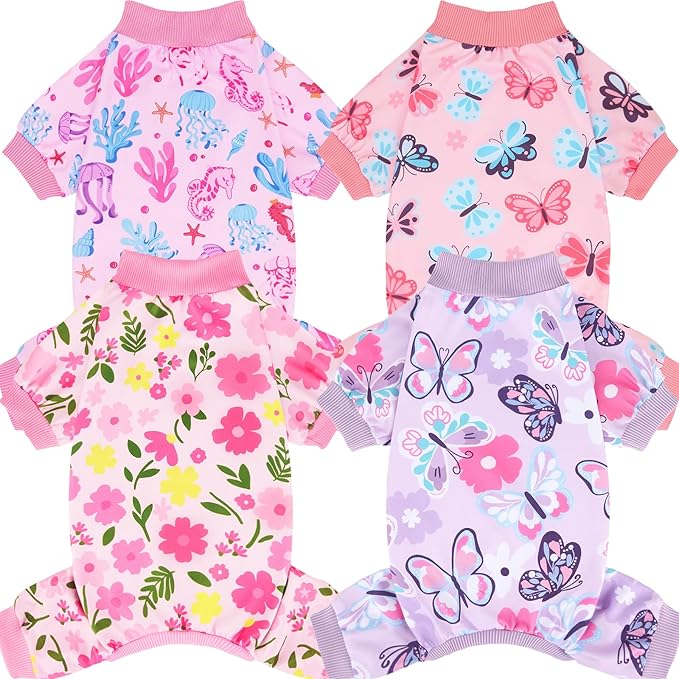 XPUDAC 4 Pack Dog Pajamas Summer Dog Pjs for Small Dogs Pet Outfits, L | Stretchy, Soft, Breathable, Sleepwear, Girl Dog Clothes, Gentle on Skin, Dog Recovery Suit, Shedding Suit, All Seasons