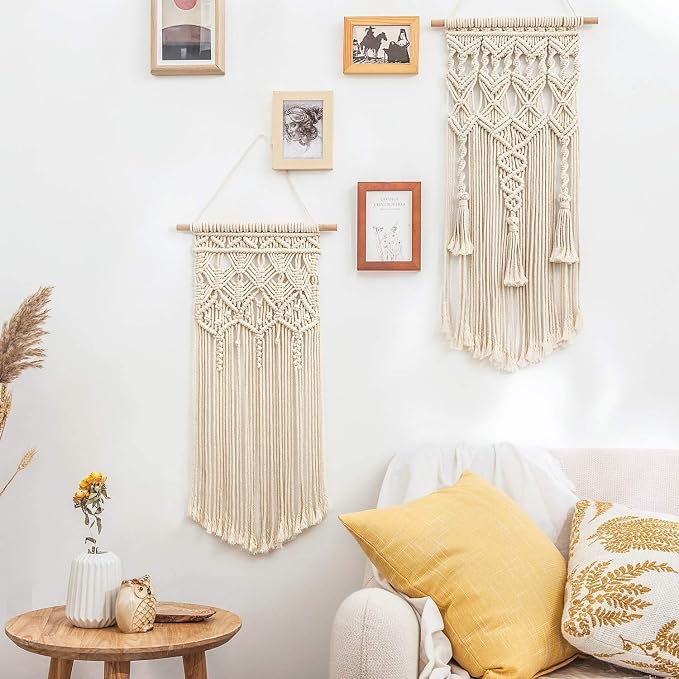 Mkono 2 Pcs Macrame Wall Hanging, Boho Woven Chic Tapestry Decor, Ivory | 28"L x 13"W, Bohemian Wall Decor, Hand-Woven Craft, Multi-Scene, Bedroom Nursery Living Room Apartment, Girls Adults Gift