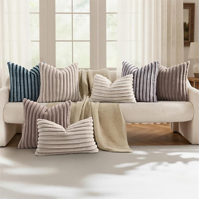 decorUhome Fall Faux Fur Throw Pillow Covers 12x20 Set of 2 Beige White | Decorative Soft Cozy Striped Plush Modern Farmhouse Boho Couch Pillow Cases Velvet Back for Sofa Bed Living Room Home Decor