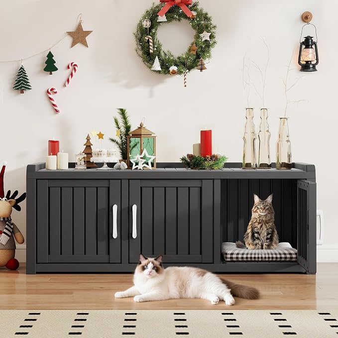KAMABOKO Hidden Cat Litter Box Enclosure Furniture with 3 Doors & Multiple Windows, Waterproof PP Modern Litter Box Cabinet for Large Cats, Easy-to-Clean Cat Furniture for Living Room