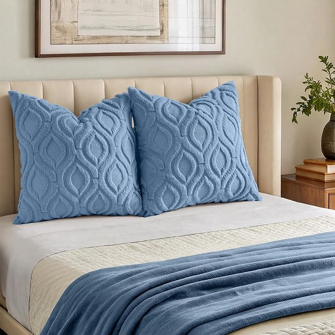 decorUhome Faux Fur Plush Soft Blue Throw Pillow Covers 16x16 Set of 2 | Wool Solid Fall Couch Pillow Covers, Accent Modern Farmhouse Neutral Decorative Square Pillow Cases for Sofa Bed Living Room
