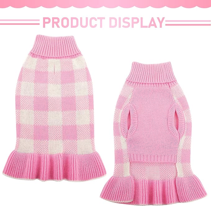 Dog Sweater Dress Plaid Knitwear for Small Medium Dogs Warm Puppy Pet Turtleneck Stretch Pullover Cute Fall Winter Vest Clothes with Leash Hole for Christmas
