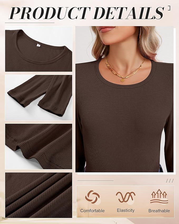 Ficerd 3 Pack Women's Ribbed Long Sleeve Tops, Crew Neck Slim Fit Undershirts Knit Basic Casual Stretch Layering Tee Shirts