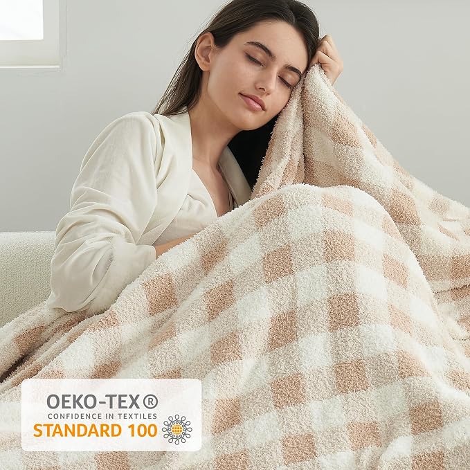 Snuggle Sac Buffalo Plaid Bedding Blanket Twin Size, Super Soft, Cozy Warm Knit Decorative Blankets, Reversible Plaid Fluffy Throws for Bed, Plaid Beige, 60x80 Inches