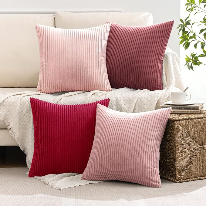 MIULEE Soft Corduroy Decorative Throw Pillow Covers Pink Series 18x18 | Set of 4, Shabby Chic Romantic Decor, Warm Red Pink Palette, Boho Farmhouse Cushion Covers for Couch Bed Sofa Living Room
