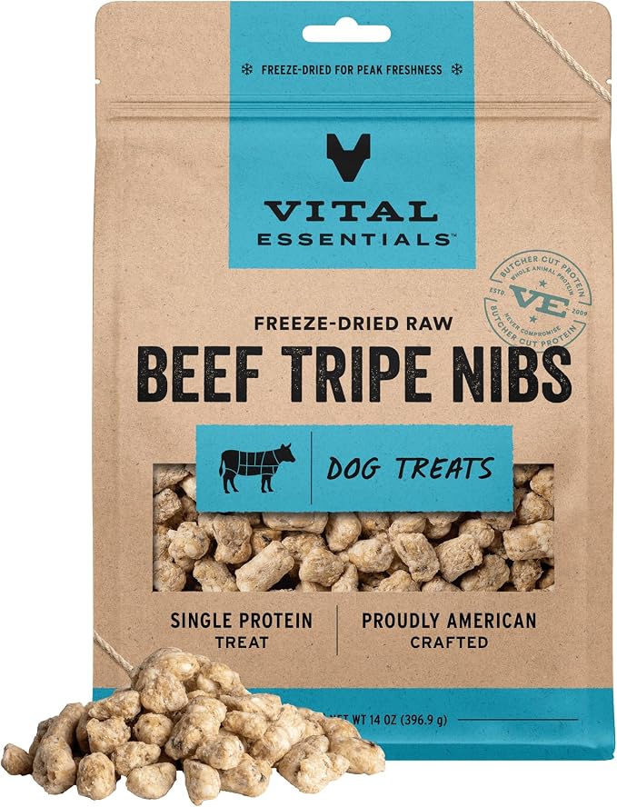 Vital Essentials Freeze Dried Dog Treats, Beef Tripe Nibs, 14 oz Bag