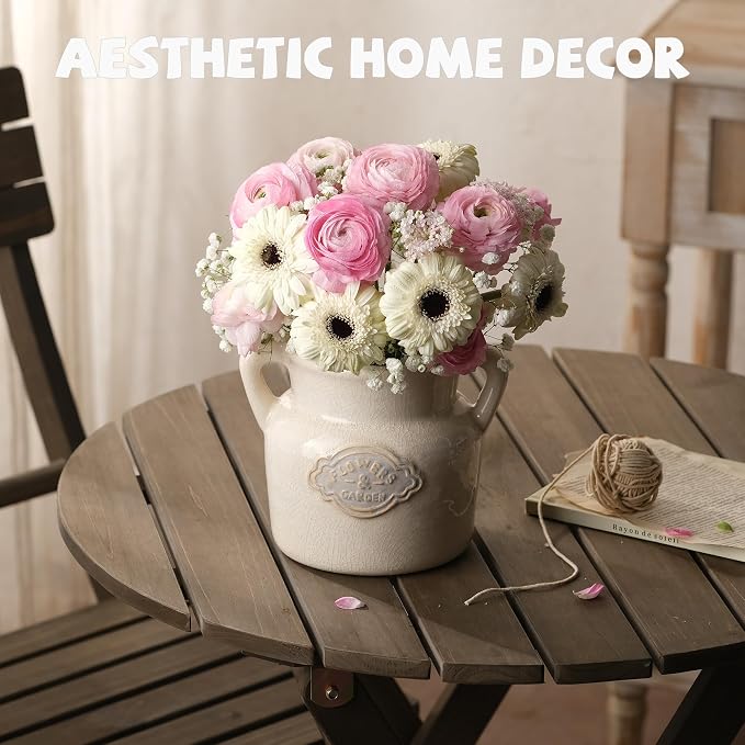 Rustic White Ceramic Vase, 5.8 Inch Vintage Flower Vases with Handle, Farmhouse Distressed Decorative Vases for Home Decor, Wide Mouth Vase for Living Room Bedroom Table Shelf Decorations