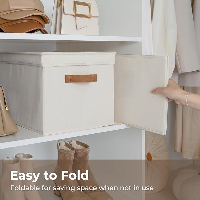 StorageWorks Storage Bins with Lids, Decorative Storage Boxes with Lid and PU Handles, Foldable Storage Baskets for Closet, Shelves, Stackable, Ivory, Jumbo, 3-Pack | Lidded Dust-proof, Easy Pull Handles, Foldable, Stackable, Ideal for Clothes Blanket ...