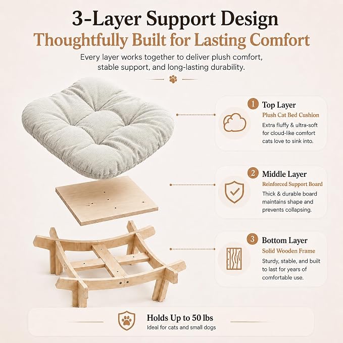 Elevated Cat Bed, Wooden Pet Sofa with Washable Cushion (Square / Beige) | Soft Beds with Extra Filling prevent flattening, Stable Wooden Frame Couch supports 50 lbs for Indoor Cats, Kitty & Puppy.
