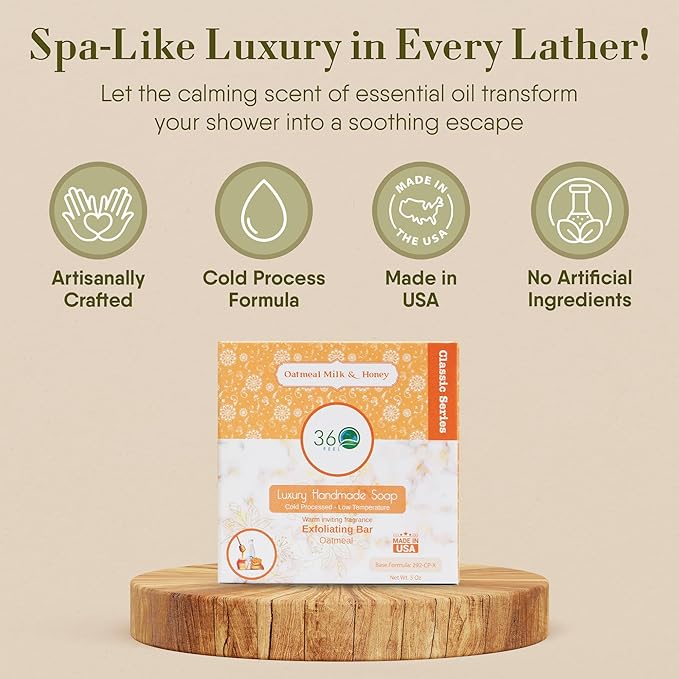 360Feel Oatmeal Milk and Honey Bar Soap - Made in the USA - Castile Handmade, All Natural Cold Processed - Infused with Oatmeal Milk and Honey - SLS-Free - Moisturizing Lather - (5oz)