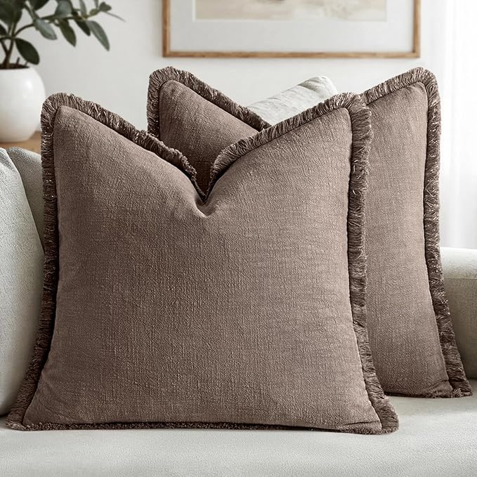 MIULEE Linen Fringe Decorative Fall Euro Pillow Covers Malt Ball 24x24 | Set of 2, Cottagecore Decor, Boho Farmhouse Neutral Throw Pillow Covers, Rustic Fall Couch Cushions for Sofa Bed Living Room