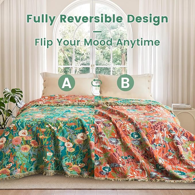 MSGKV Boho Throw Blanket 60"x80" 100% Cotton Floral Blanket for Couch Sofa | 100% Cotton Throw, Floral Pattern, Muslin Blanket, Summer Breathable, Farmhouse Home Decor, All Seasons, Machine Washable