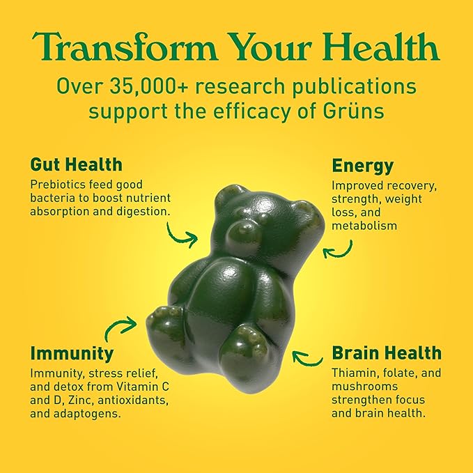 Gruns Adult Sugar-Free Super Greens Gummies, Superfood Vitamin Gummy Bears with Spirulina, Chlorella, Fiber & Prebiotics for Digestive Health, Adaptogens Supplement, 20 Vitamins & Minerals, 28 packets