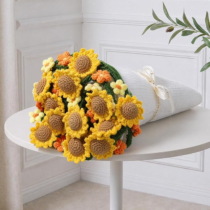Ivydale 43inch Sunflowers Crochet Blanket Knitted Flower Bouquet Throw | Handmade Knitted Blanket, Gift for Her Girlfriend Mom Mother’s Day Valentine Wedding Anniversary Birthday