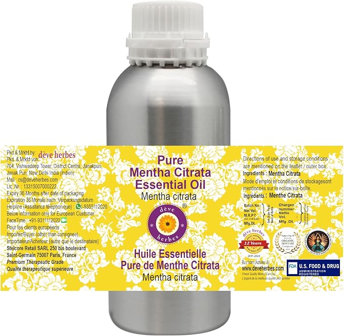 Deve Herbes Pure Mentha Citrata Essential Oil (Mentha citrata) Steam Distilled 630ml (21 oz)