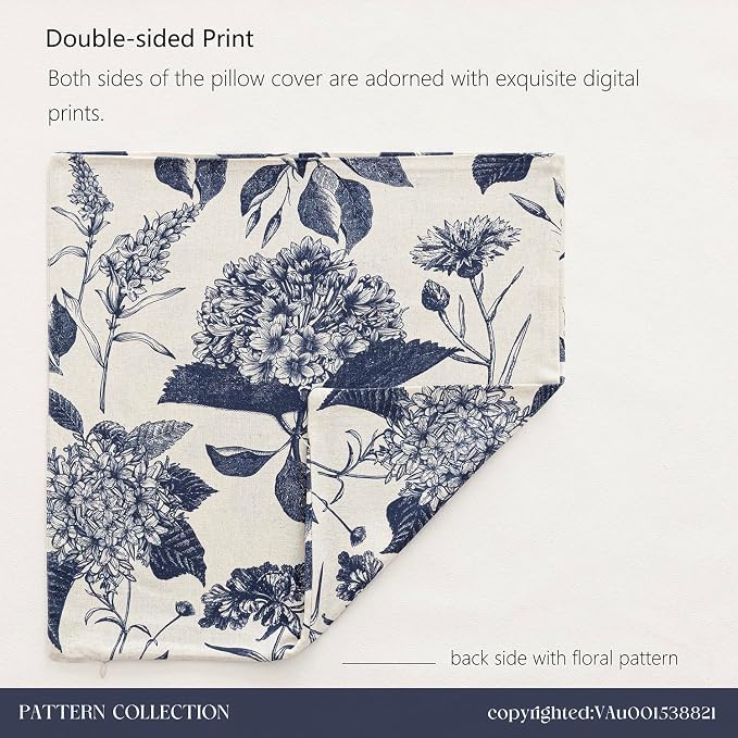 Foindtower Set of 2 Linen Floral Vintage Throw Pillow Covers Neutral Accent Print Decorative Cozy Cushion Covers Farmhouse Boho Home Decor for Sofa Chair Couch Bed Living Room,22×22 Inch,Navy Blue