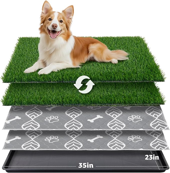 LOOBANI Large Dog Grass Pad with Tray - 35x23in for Balcony Apartment | Dog Potty with 2 Artificial Grass & 2 Washable Pee Pads for Replacement, Quick-Absorbency, Easy to Clean, Indoor/Outdoor Use
