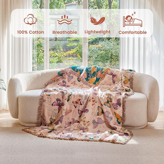 MSGKV Boho Throw Cotton Butterfly Blanket 50"x60" for Couch Sofa Decor | Muslin Cotton Throw, Butterfly Pattern, Chair Throw, Breathable Summer Blanket, Farmhouse Decor, Home Decor, Machine Washable