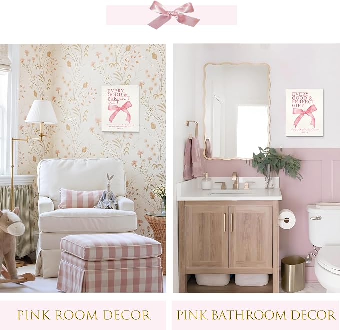 LARTSFRO Coquette Pink Bow Canvas Wall Art Decor Prints Posters, Pink Bow Room Bedroom Bathroom Dorm Wall Art Decor Aesthetic for College Teen Girls Gifts, Inspirational Bible Verses Bow Wall Decor, 11x14 Inch Set of 4 Pcs Bow Pictures (Canvas Framed 1...