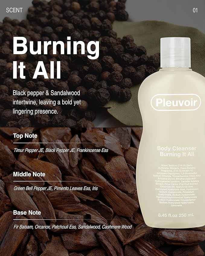 Pleuvoir Body Cleanser Burning It All - Perfume Body Wash - Black Pepper Sandalwood Scent - Rich Moisturizing Foam with 8 Types Hyaluronic Acid Ceramides - Vegan K-Beauty, 8.45 fl.oz