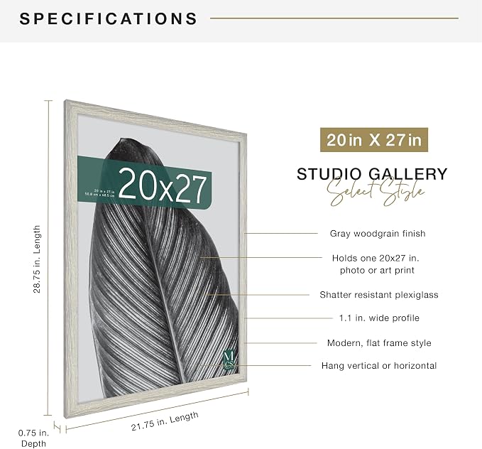 MCS Studio Gallery 20x27 Poster Frame Gray Woodgrain Engineered Wood, Vertical & Horizontal Wall Hanging Large Picture Frame for Photos, Posters & Art Prints (1-Pack)
