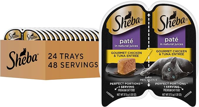Sheba Perfect Portions Pate Wet Cat Food, Chicken & Tuna, 2.6 oz, 24 ct | Grain-free, made in USA, no fillers, no artificial flavors, complete & balanced all life stages, twin-pack trays