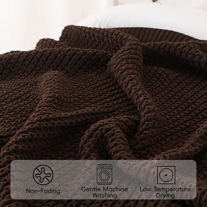 Brown Throw Blanket for Couch, Soft Chenille Knit Throw Blanket 50x60in | Chunky Waffle Knitted Blanket, Chocolate Brown Cable Knit Throw for Bed Sofa Living Room, Lightweight Warm Decorative Blanket