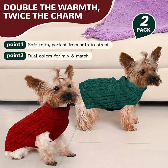 Dog Sweater 2 Pack for Small Dogs, Size S, Red & Green | Stretchy cable knit turtleneck, machine washable, high belly cut, comfy winter fit for Chihuahua, Maltese