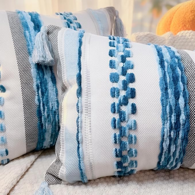 PANOD Chenille Farmhouse Throw Pillow Covers 18 x 18 Blue, Neutral Boucle Couch Pillow Cover, Striped Decorative Boho Coushion Cover Pillow Case for Couch Bed Sofa Bedroom,Modern Accent,Set of 2