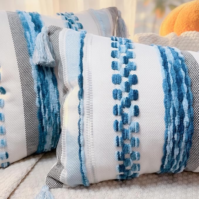 PANOD Boho Long Lumbar Throw Pillow Cover 16 x 36 Blue, Chenille Morocan Extra Long Pillow Case Cover, Decorative Long Pillow for Bed Couch Sofa Farmhouse