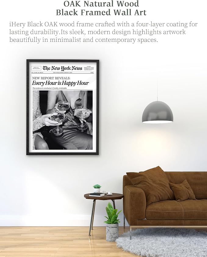 iHery 12x16in Every Hour Is Happy Hour Black Framed Newspaper Wall Art | Premium Black Natural OAK Wood Frame with Canvas Print, Retro Editorial Decor for Bedroom, Girl Dorm, Living Room 1Pack