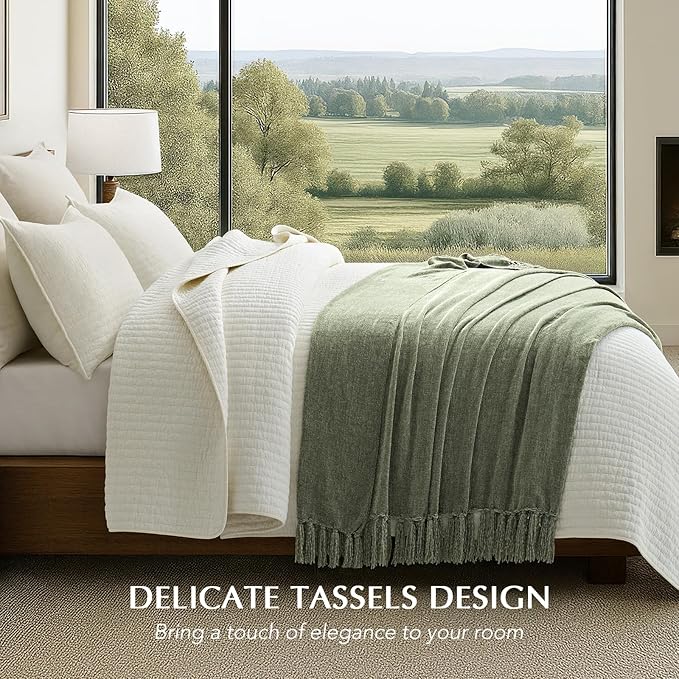 Chenille Knit Throw Blanket for Couch, 50"x60", Sage Green | Cozy Plush Fuzzy Knittd Throw with Tassels, Lightweight, Decorative, Farmhouse Decor, Ideal for Bed Sofa Gift, All Seasons