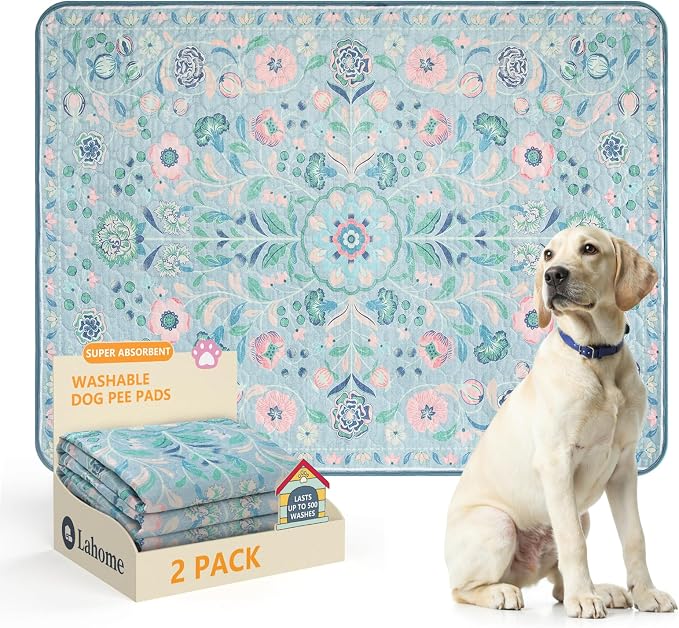 Lahome Botanical Washable Reusable Pee Pads for Dogs, 2 Pack, Blue, 36x48 | Super absorbent, waterproof training mats with leakproof non-slip backing; suitable for potty training, crates and floors.