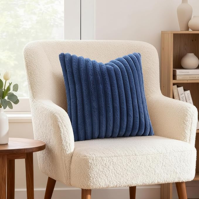 decorUhome Fall Faux Fur Throw Pillow Covers 16x16 Set of 2 Navy Blue | Decorative Soft Cozy Striped Plush Modern Farmhouse Boho Couch Pillow Cases Velvet Back for Sofa Bed Living Room Home Decor