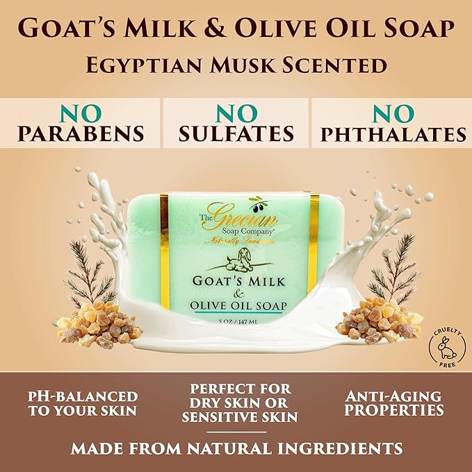 The Grecian Soap Company Goat Milk & Olive Oil Soap Bar 3-Pack – Egyptian Musk Scent, Natural Bar Soap for Dry & Sensitive Skin, Moisturizing & Nourishing Body Soap Bars, Made in USA, Goat Milk Soap