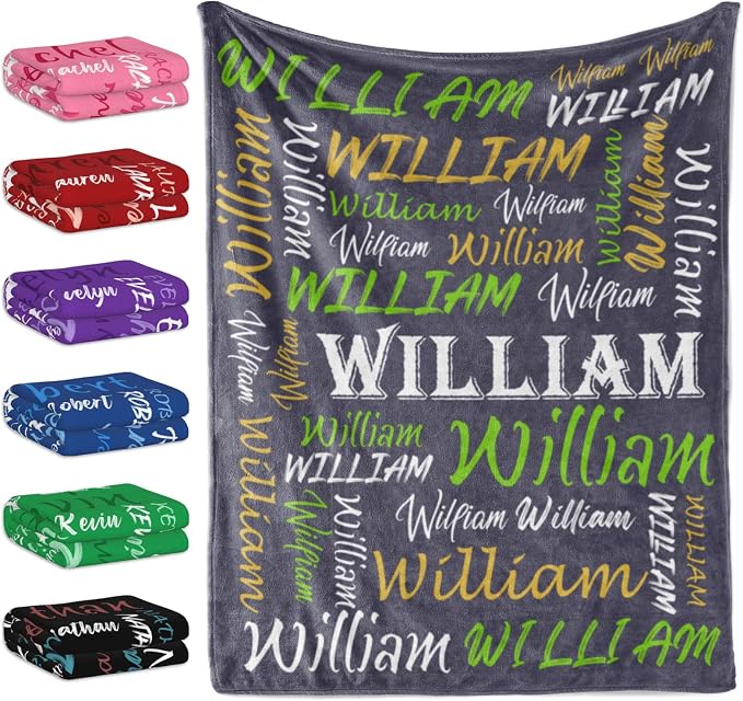 Personalized Grey Blue Theme Throw Blanket, Soft Flannel Fleece with Custom Name for Men, Women, Kids - Perfect for Birthday, Christmas, Valentines Day