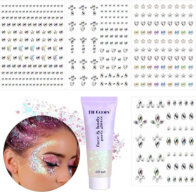 Body Glitter and Face Gems, Face Glitter and Hair Gems, Rhinestone Stickers for Makeup, Mardi Gras, Festival, Rave Accessories, Kids, Women, White