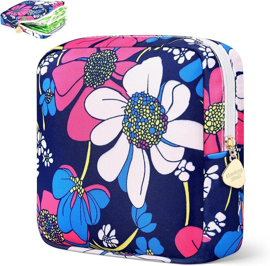 Period Bag for Girls Polyester Period Pouch Pad Bag First Period Kit for Teen Pads/Sanitary Napkins/Small Tampons, Feminine Hygiene Organizer for Women (Navy Blue Daisy)