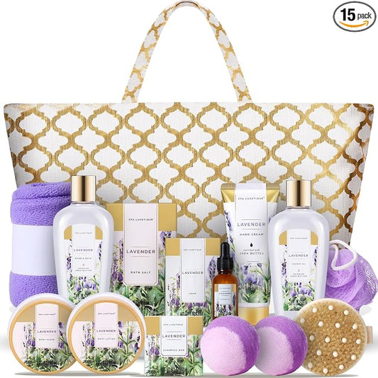 Spa Luxetique Gifts for Women 15Pcs Lavender Gift Baskets for Women Bath and Body Gift Set with Tote Bag Birthday Gift for Wife Girlfriend Sister Mothers Day