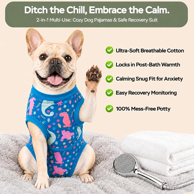PetWarm Dog Recovery Suit After Surgery, Dog Bodysuit, Substitute E-Collar and Cone, Pet Surgery Recovery Suit, Female Male Dog Onesie for Spay Neuter, Dinosaur Pattern, Multi-Colored, 2XL