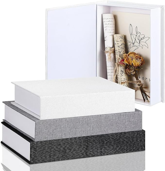 Tioncy 3 Pcs Decor Linen Faux Book Box Set Aesthetic DIY Fake Linen Book Box for Decor Storage Cafe Table Bookshelf Gift Home Keepsake(Multi Sizes,Black, White, Dark Gray)