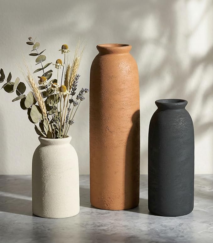 Ceramic Vase Set of 3, Small Flower Rustic Vases Home Table Decor, Modern Farmhouse Neutral Boho Pampas Pottery Vases Decorative for Centerpiece Mantel Entryway Shelf Living Room Kitchen