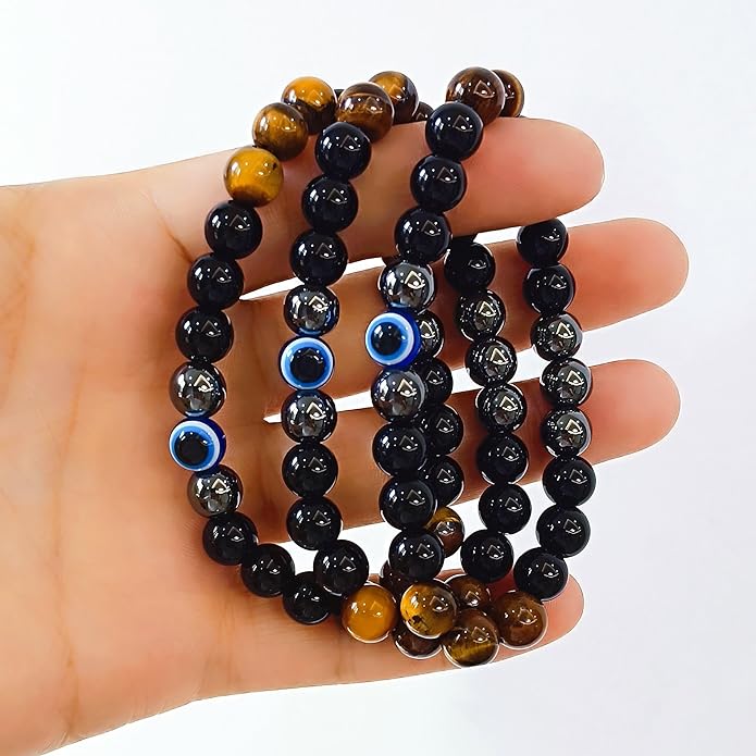 Evil Eye with Hematite Black Obsidian Tiger Eye Stone Triple Protection Bracelets for Men Women, Crystal Healing Stone Bracelet Bring Luck Prosperity and Happiness Jewelry