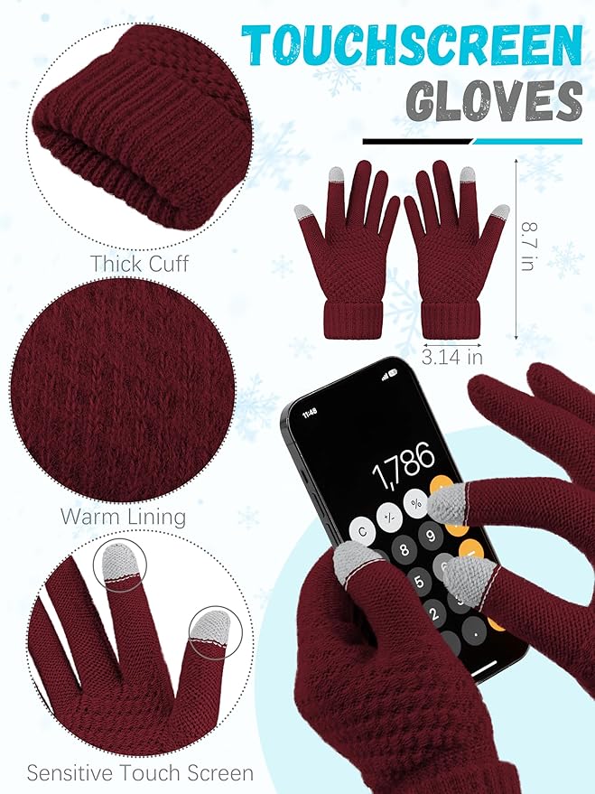 Winter Hat Scarf Gloves and Ear Warmer, Warm Knit Beanie Hat Touch Screen Gloves Set Winter Gifts Neck Scarves for Women