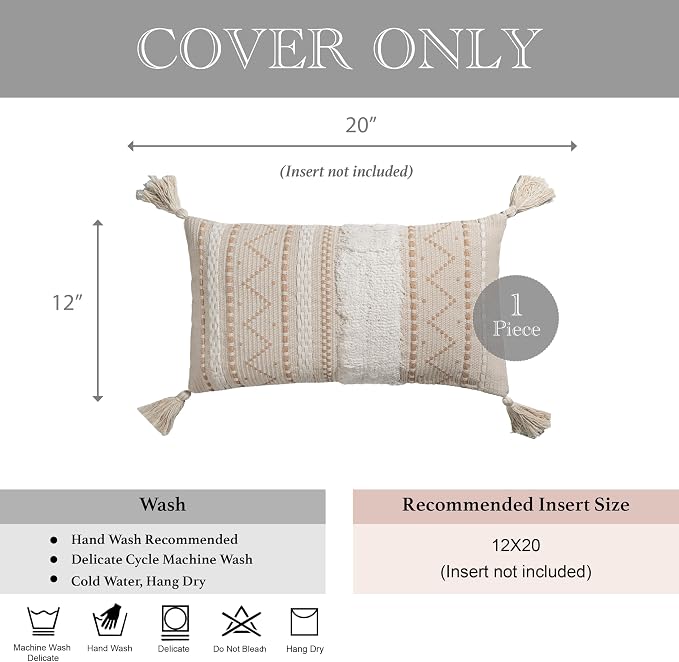 12x20 Lumbar Pillow Cover, Cream Neutral Beige Rectangular Decorative Cushion Cover, Boho Accent Pillowcase with Tufted Details and Tassels for Couch Sofa Living Room (Cover Only)