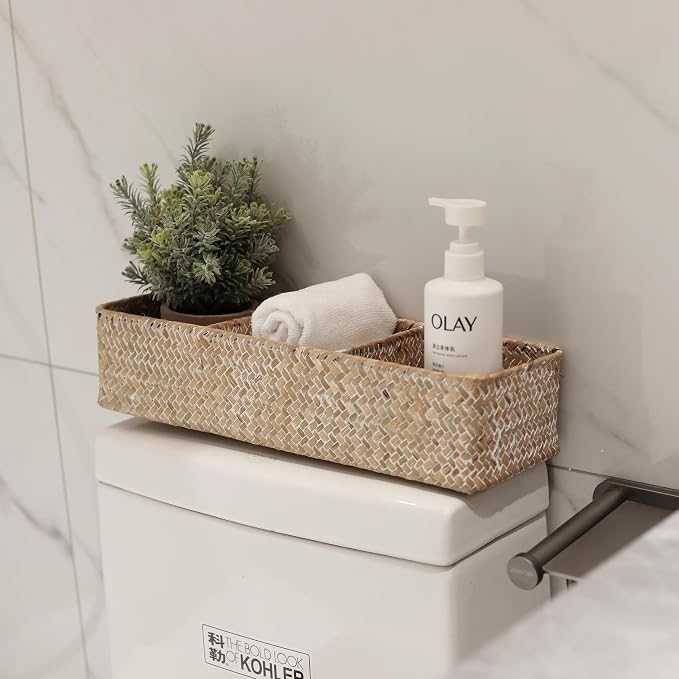 Seagrass Storage Basket 3 Sections Woven Shelf Baskets with Compartment (Whitewash, 14.6inch x 4.7inch x 3.1inch)