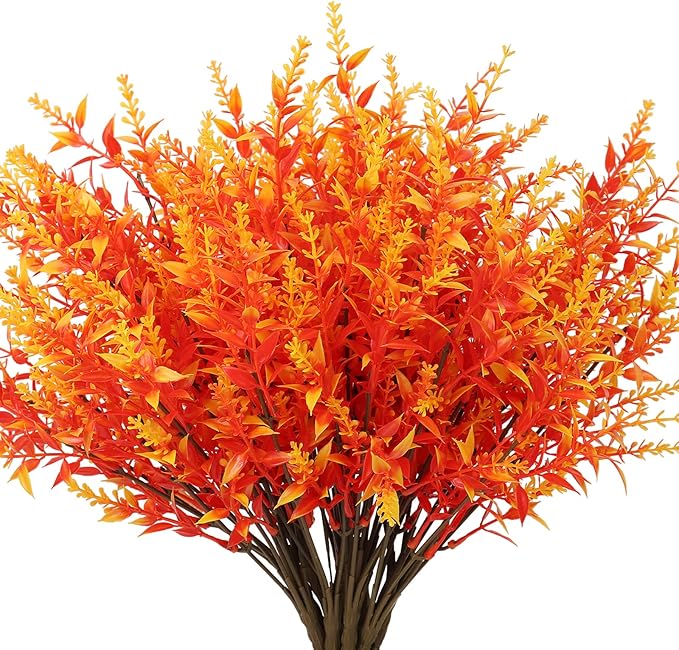 RECUTMS 8pcs Artificial Fall Flowers Outdoor UV Resistant Outdoors Greenery | Autumn Gold Decor,Fake Plants Stem Faux Plastic Flower in Bulk for Hanging Planters Outside Porch Vase Home Window Decoration