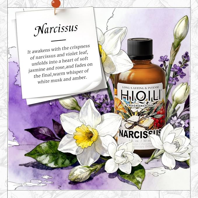 HIQILI Narcissus Fragrance Oil for Diffuser, Candle & Soap | Highly Concentrated for DIY & Perfume Making, Fresh Floral Aroma Fills Any Space, Long-Lasting Scented - 30mL / 1 fl.oz